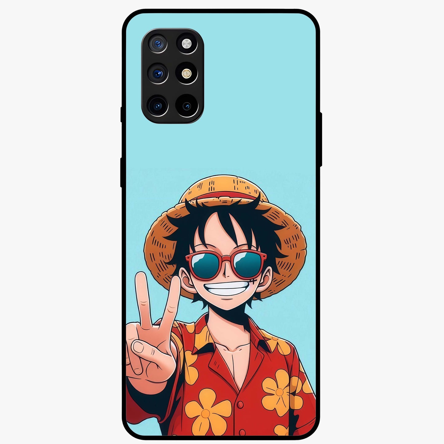 Luffy Summer Anime Vibe Glass Case showing flat back view with vibrant anime character artwork and glossy glass finish.