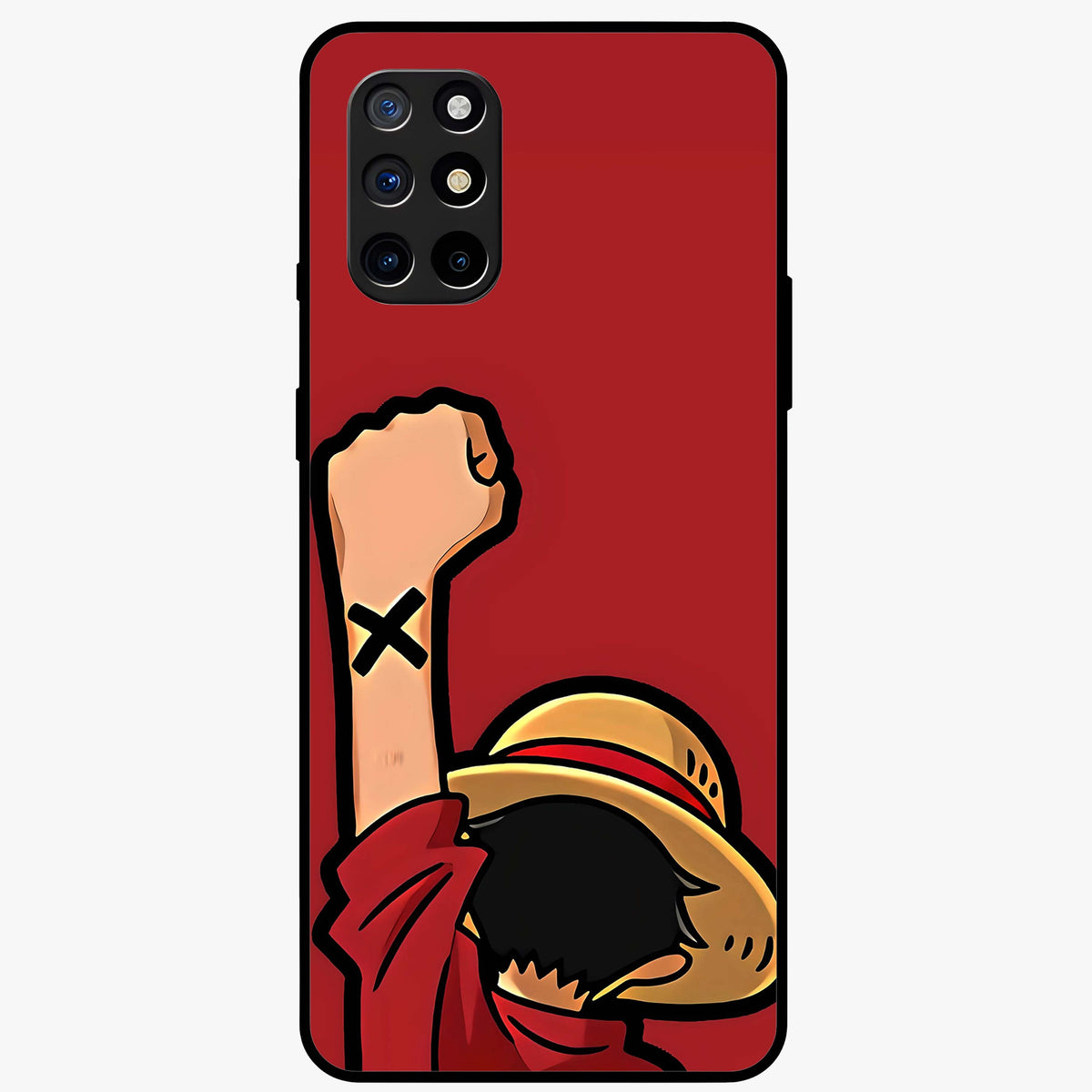 Luffy X Spirit Glass Case showing flat back view with bold anime character artwork and glossy glass finish.