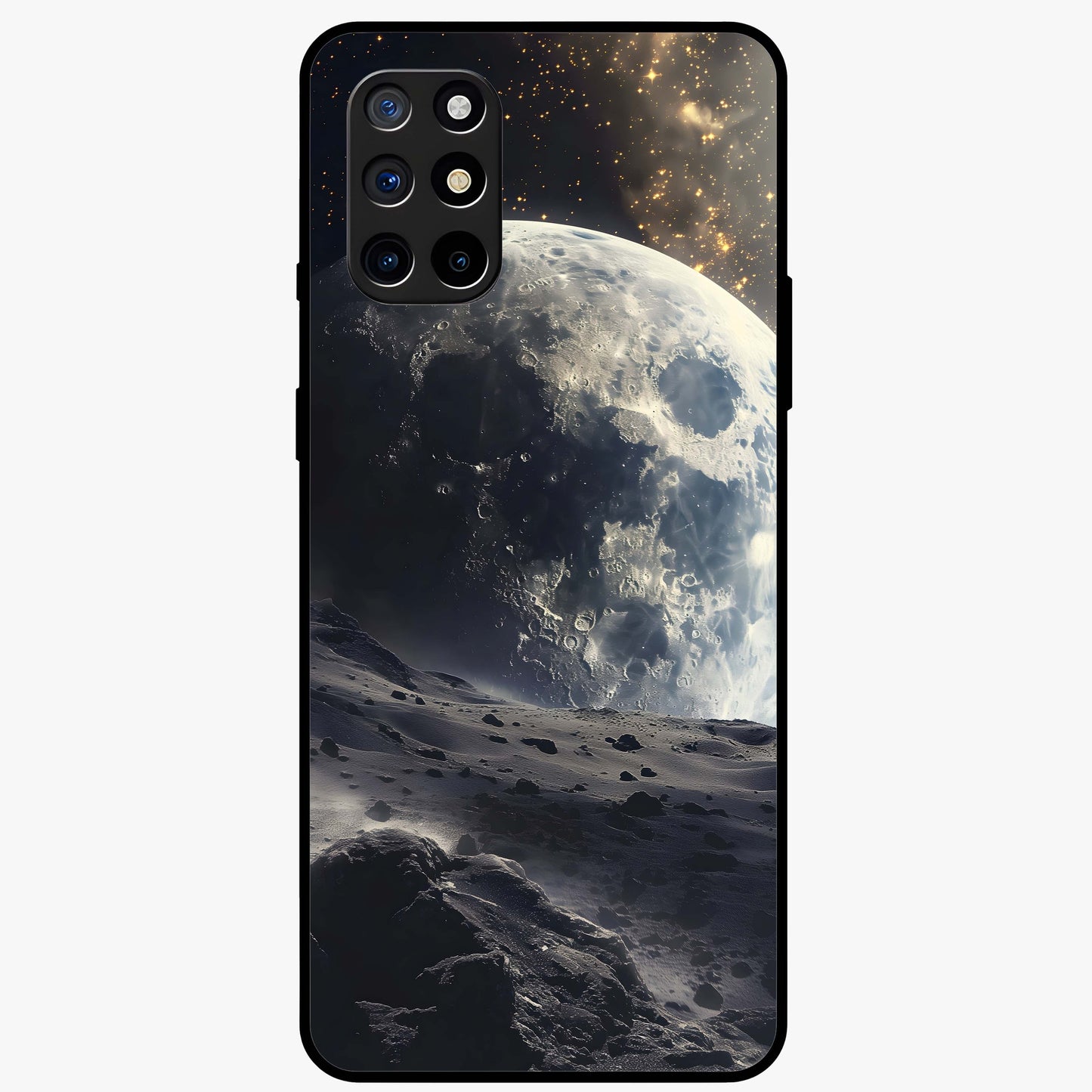 Lunar Horizon Glow Glass Case showing flat back view with glowing moon horizon artwork and glossy glass finish.