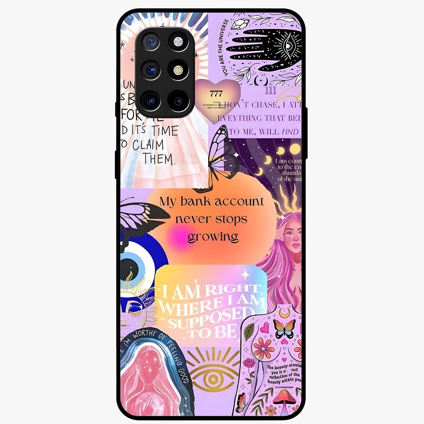 Manifestation Collage Glass Case showing flat back view with motivational collage artwork and glossy glass finish.