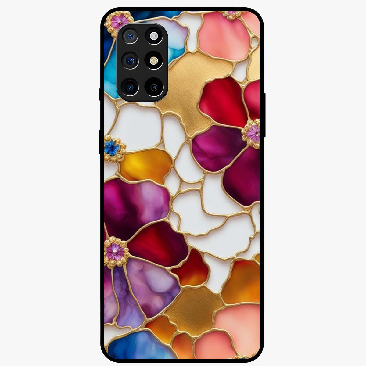 Marble Flower Pattern Glass Case showing flat back view with marble texture floral artwork and glossy glass finish.