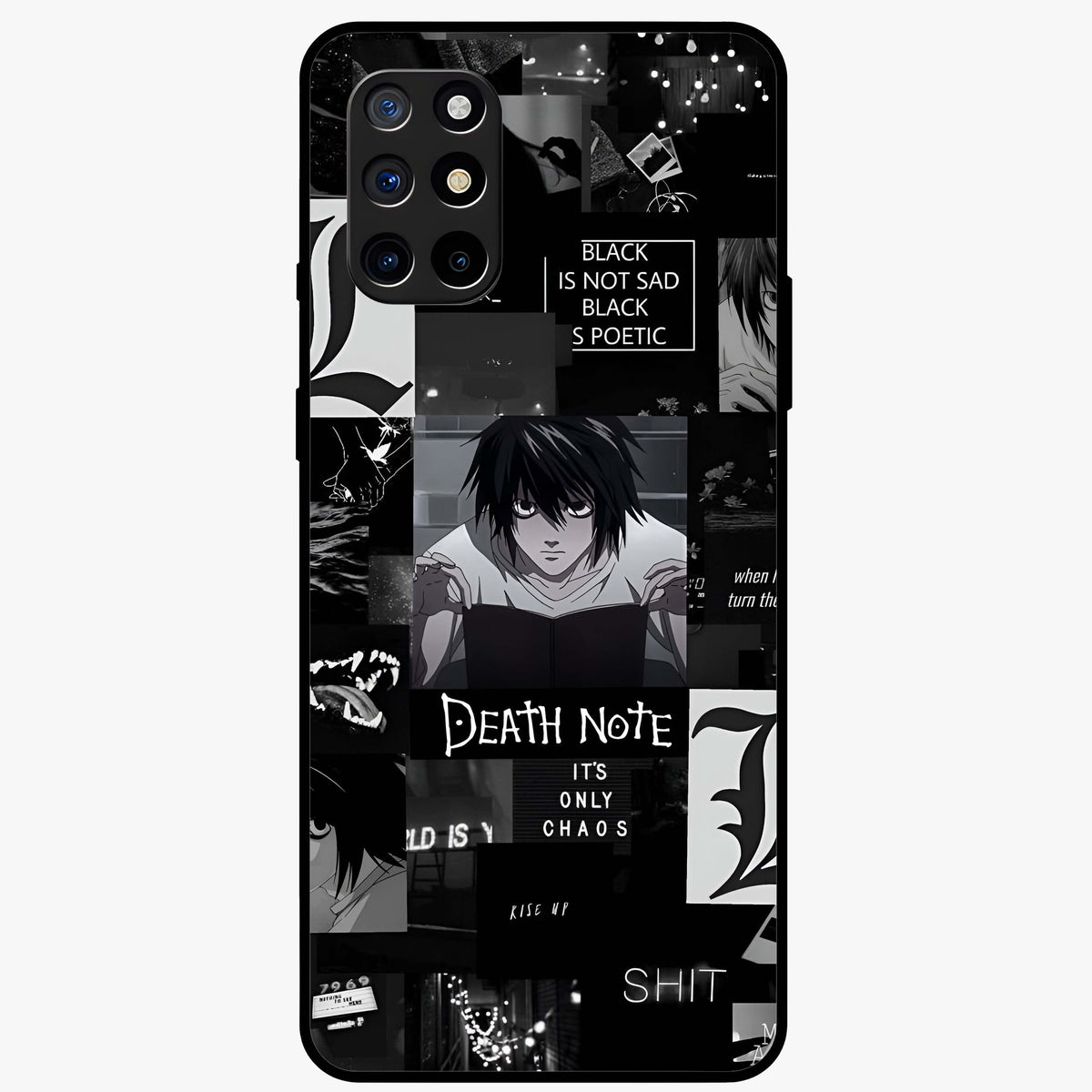 Midnight Chaos Mind Glass Case showing flat back view with abstract dark themed artwork and glossy glass finish.
