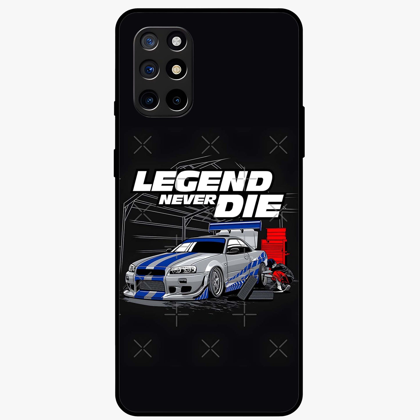 Midnight Racing Legacy Glass Case showing flat back view with sleek racing inspired artwork and glossy glass finish.