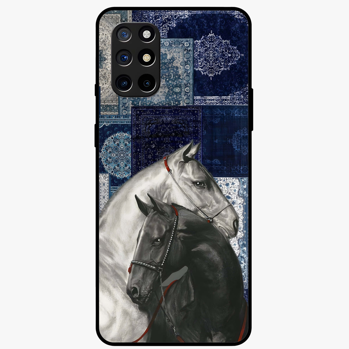Midnight Stallion Blues Glass Case showing flat back view with majestic horse artwork and glossy glass finish.