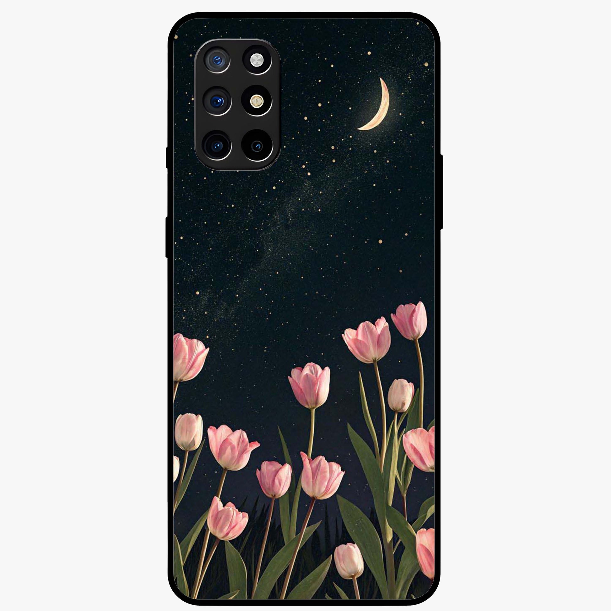 Midnight Tulip Whispers Vibe Glass Case showing flat back view with elegant tulip flower artwork and glossy glass finish.