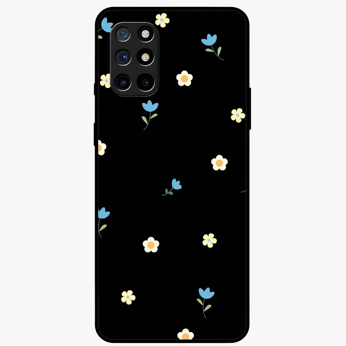 Minimalistic Blue With White Flower Pattern Glass Case showing flat back view with blue background and white flower pattern and glossy glass finish.