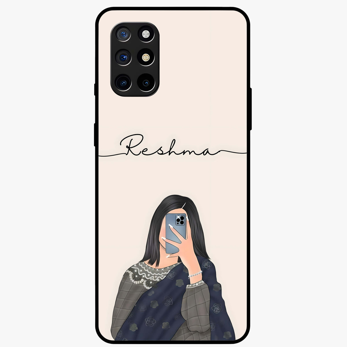 Mirror Mood Muse With Custom Name Glass Case showing flat back view with stylish mirrored artwork and personalized name design.