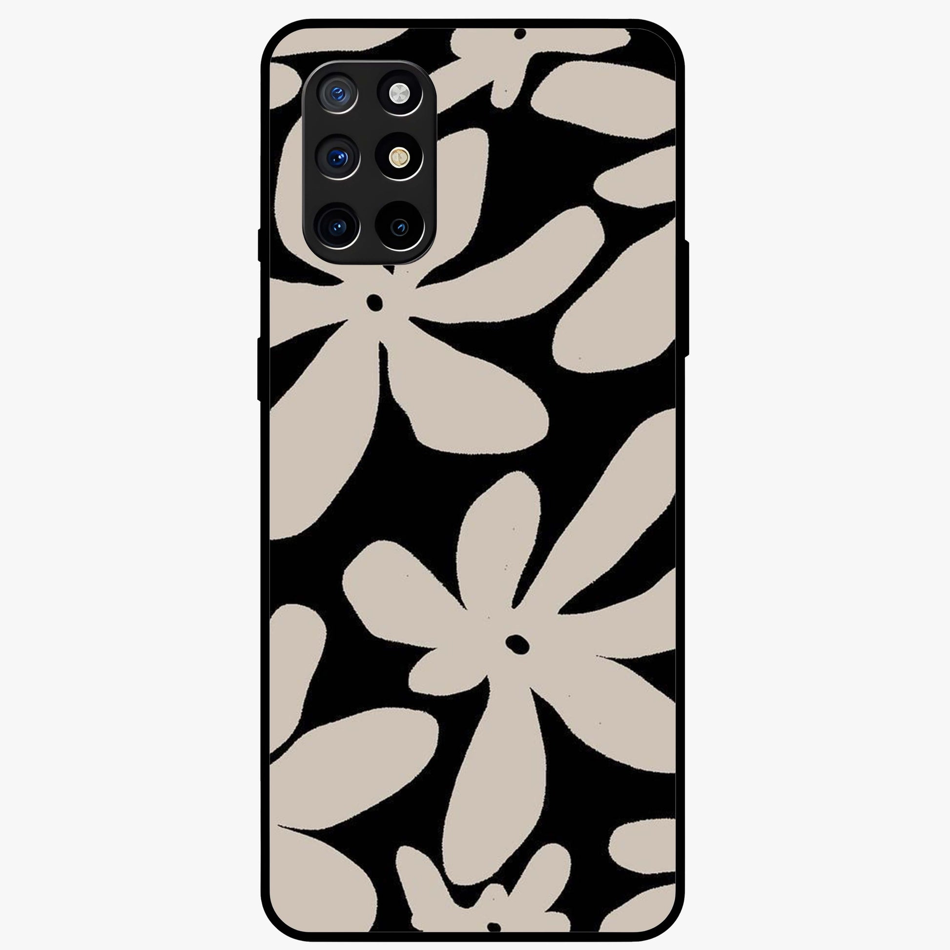 Monochrome Petal Dance Glass Case showing flat back view with monochrome floral artwork and glossy glass finish.