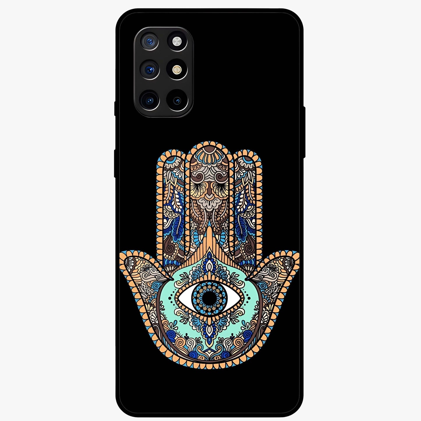 Mystic Hamsa Eye Glass Case showing flat back view with protective hamsa hand and evil eye artwork and glossy glass finish.