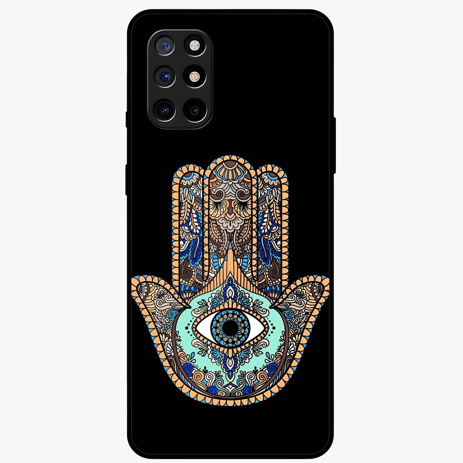 Mystic Hamsa Eye Glass Case showing flat back view with protective hamsa hand and evil eye artwork and glossy glass finish.