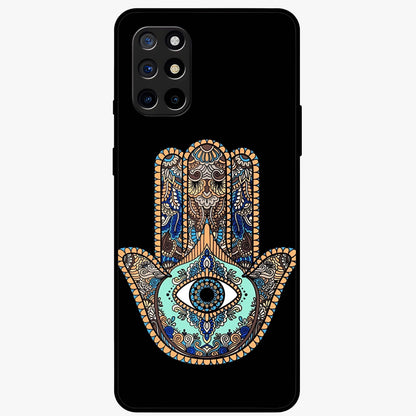 Mystic Hamsa Eye Glass Case showing flat back view with protective hamsa hand and evil eye artwork and glossy glass finish.