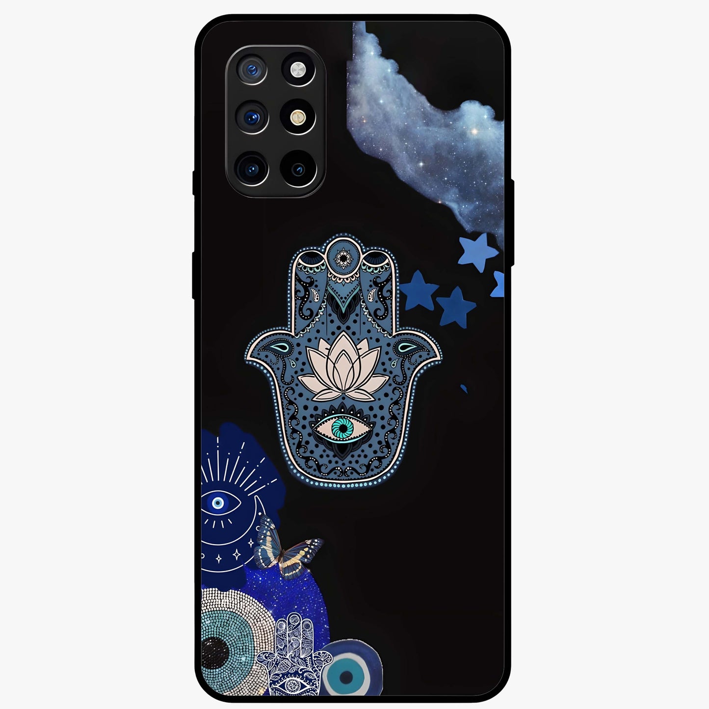 Mystic Hand Aura Glass Case showing flat back view with mystical hand symbol artwork and glossy glass finish.