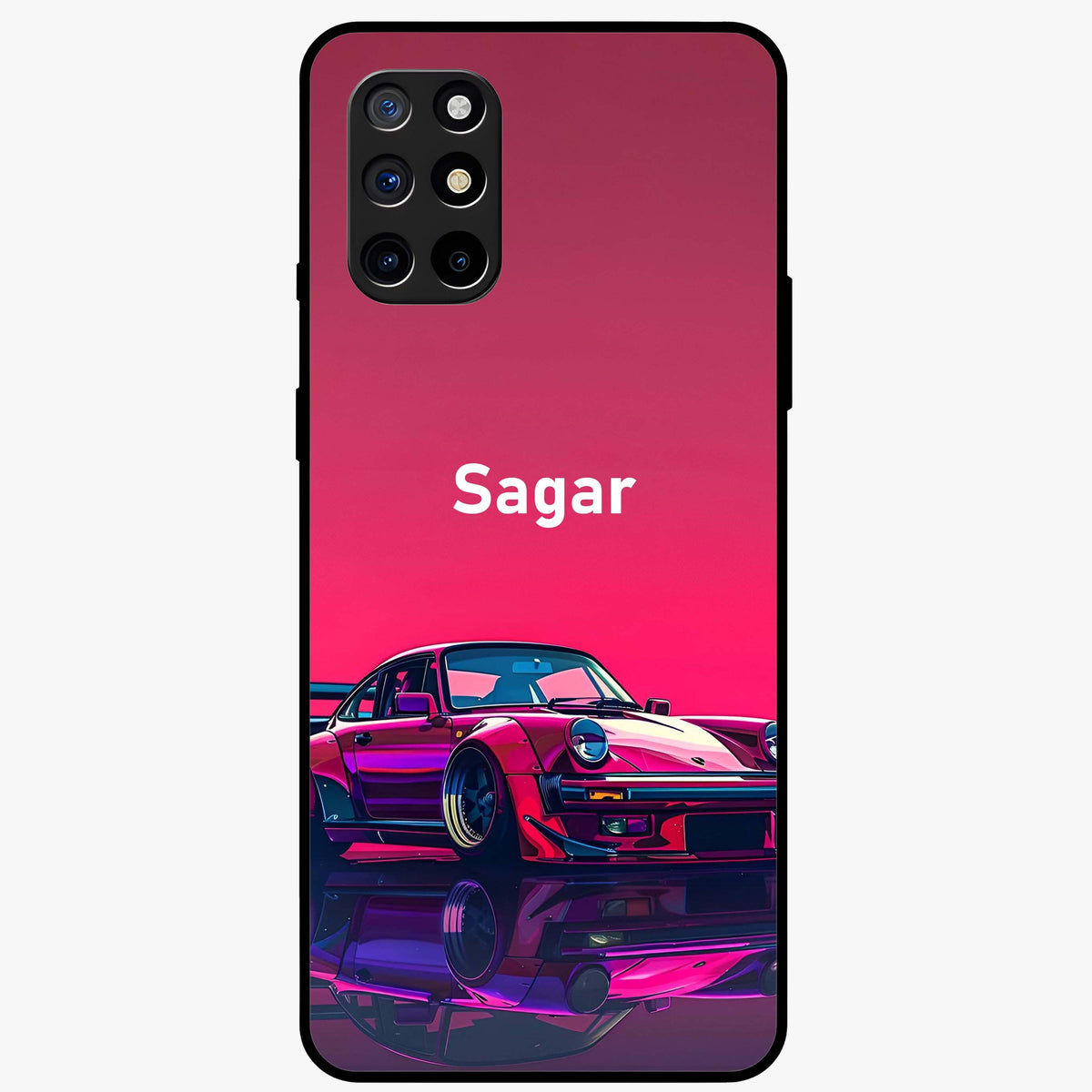 Neon Pink Porsche Glass Case showing flat back view with stylish sports car artwork and glossy glass finish.