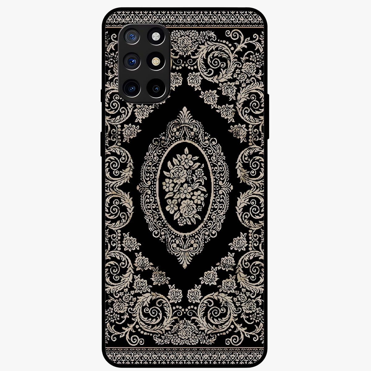 Noir Bloom Elegance Glass Case showing flat back view with elegant dark floral artwork and glossy glass finish.
