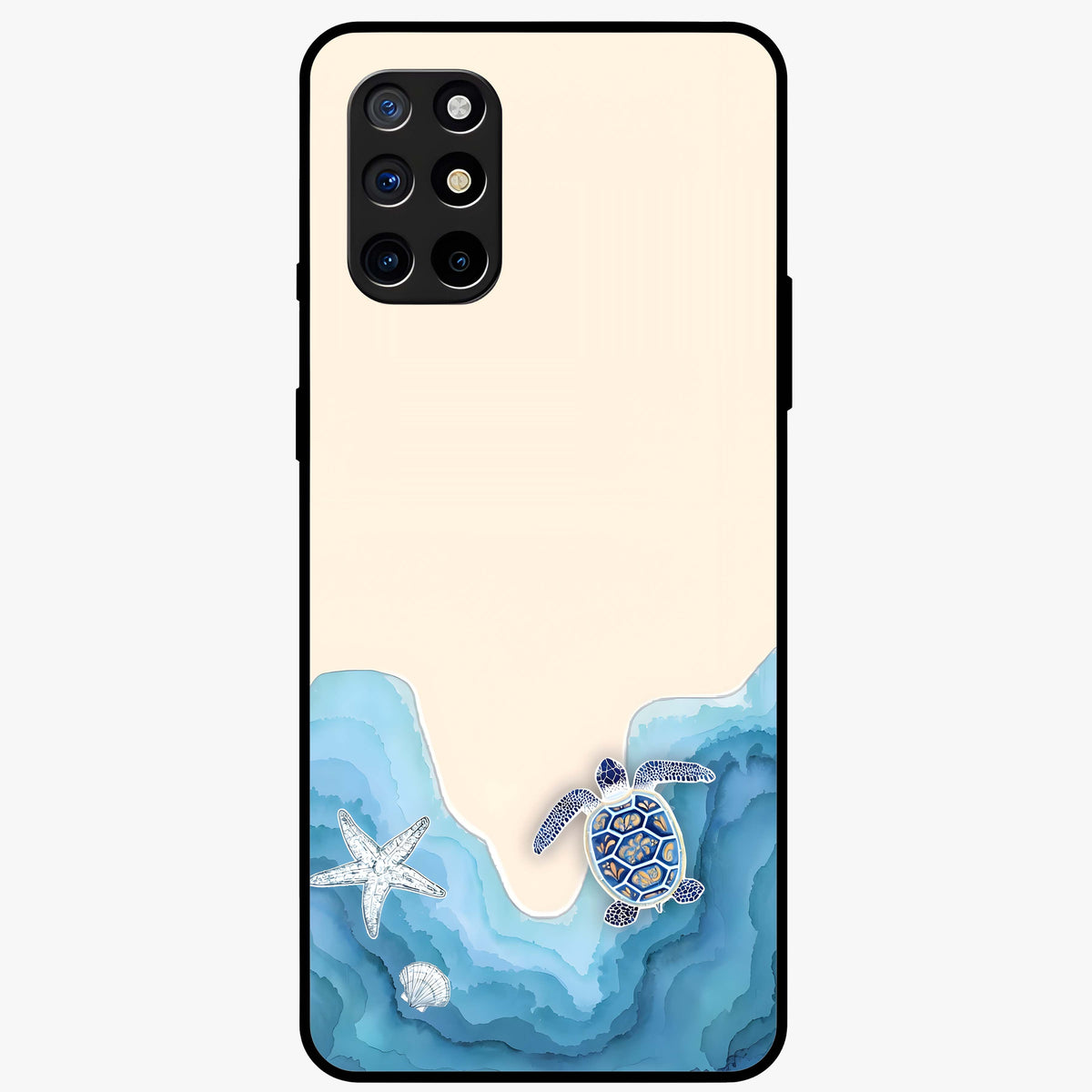 Ocean Drift Turtle Glass Case showing flat back view with sea turtle artwork and glossy glass finish.