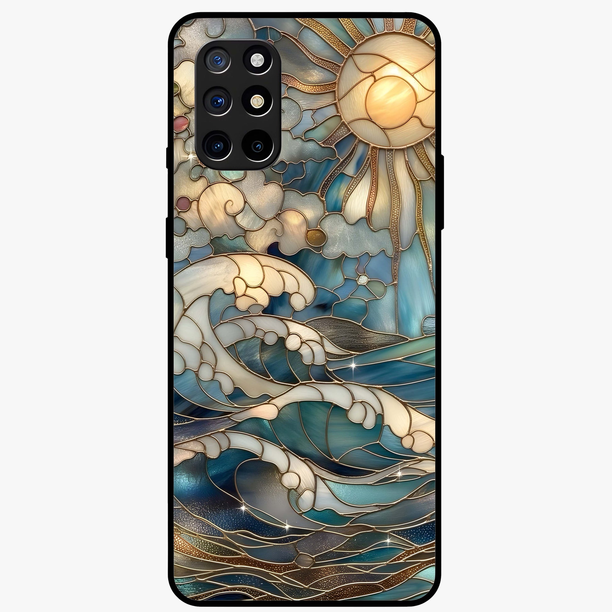 Oceanic Stained Printed Glass Case showing flat back view with ocean inspired stained pattern artwork and glossy glass finish.
