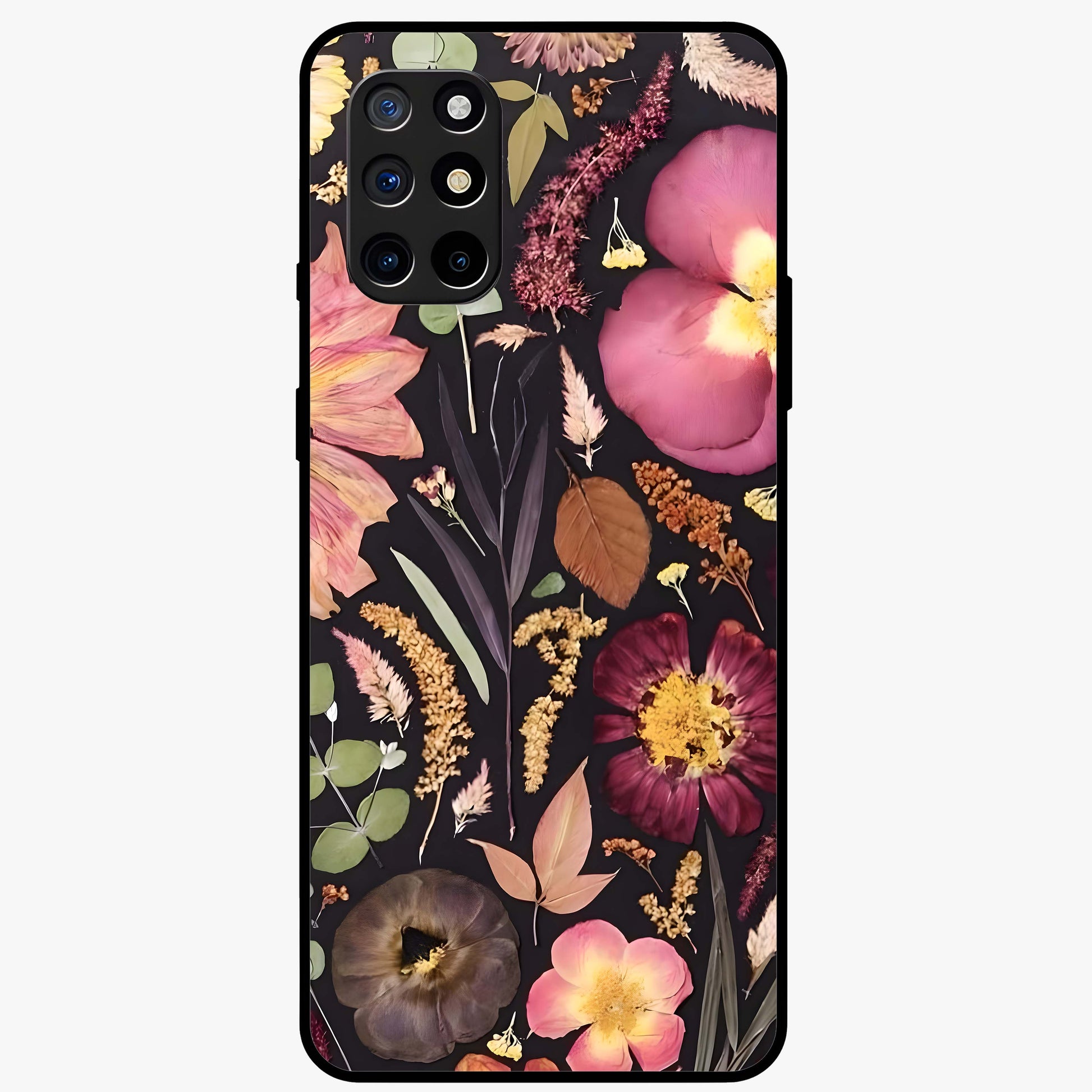 Petal Dream Tapestry Glass Case showing flat back view with intricate floral tapestry artwork and glossy glass finish.