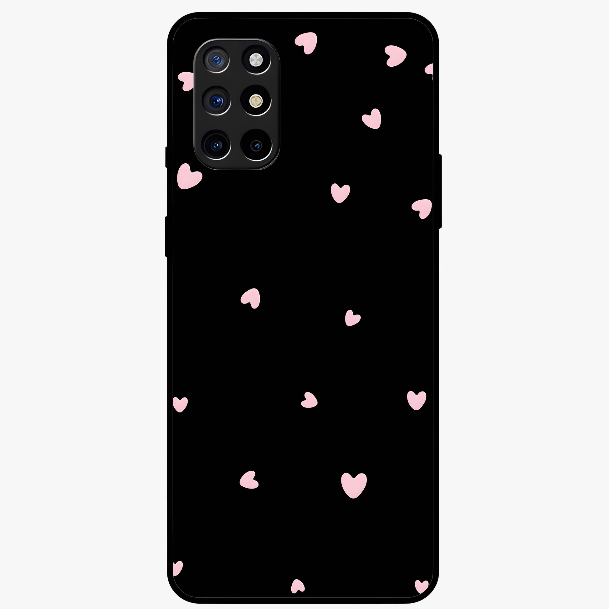 Pink Love Drops Glass Case showing flat back view with playful pink heart drops artwork and glossy glass finish.