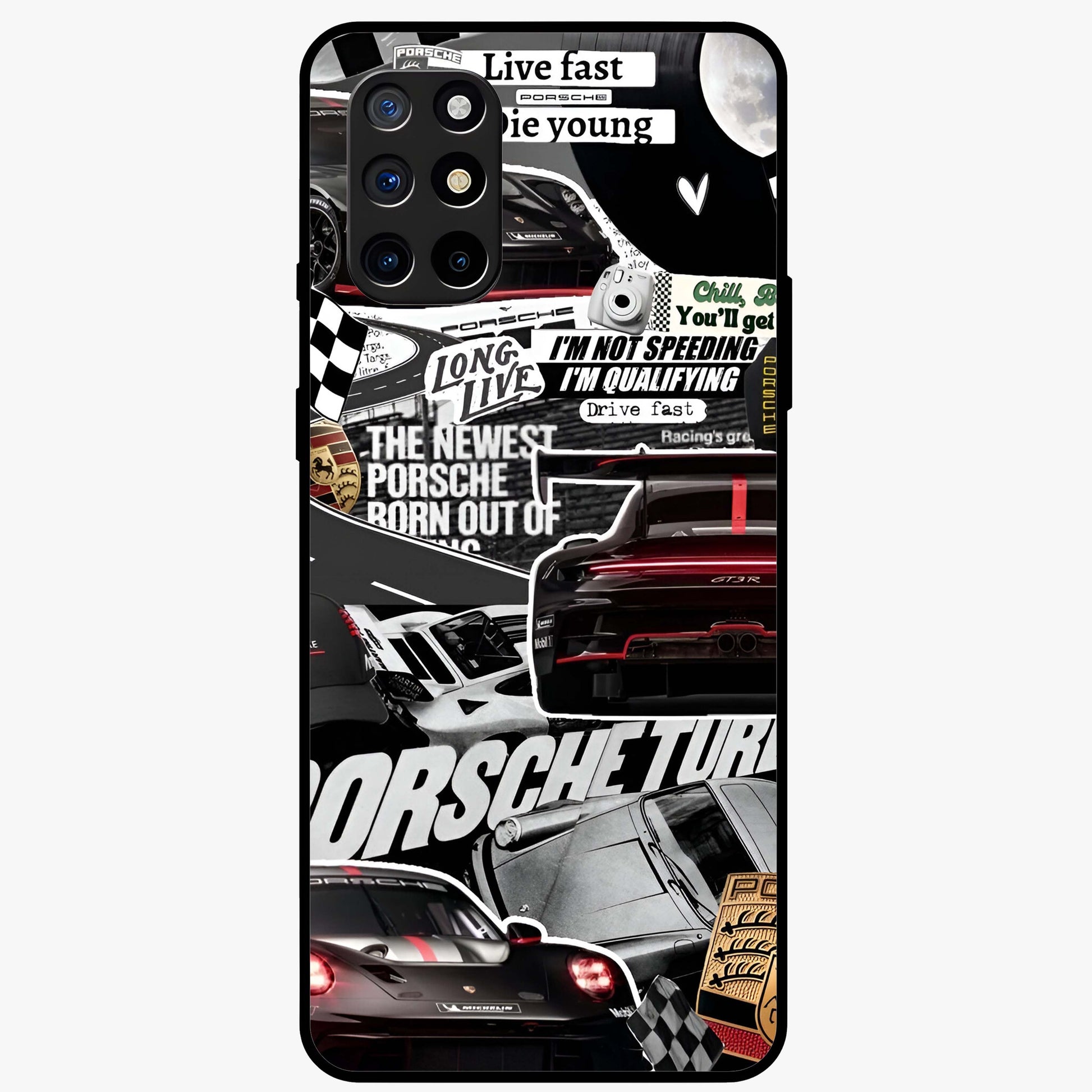 Porsche Racing Collage Glass Case showing flat back view with sports car racing collage artwork and glossy glass finish.