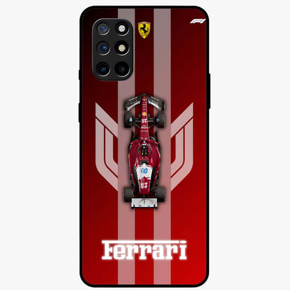 Red Ferrari F1 Vertical Glass Case showing flat back view with sleek Formula racing car artwork and glossy glass finish.