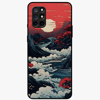 Red Sunset Scenery Glass Case showing flat back view with vibrant sunset landscape artwork and glossy glass finish.
