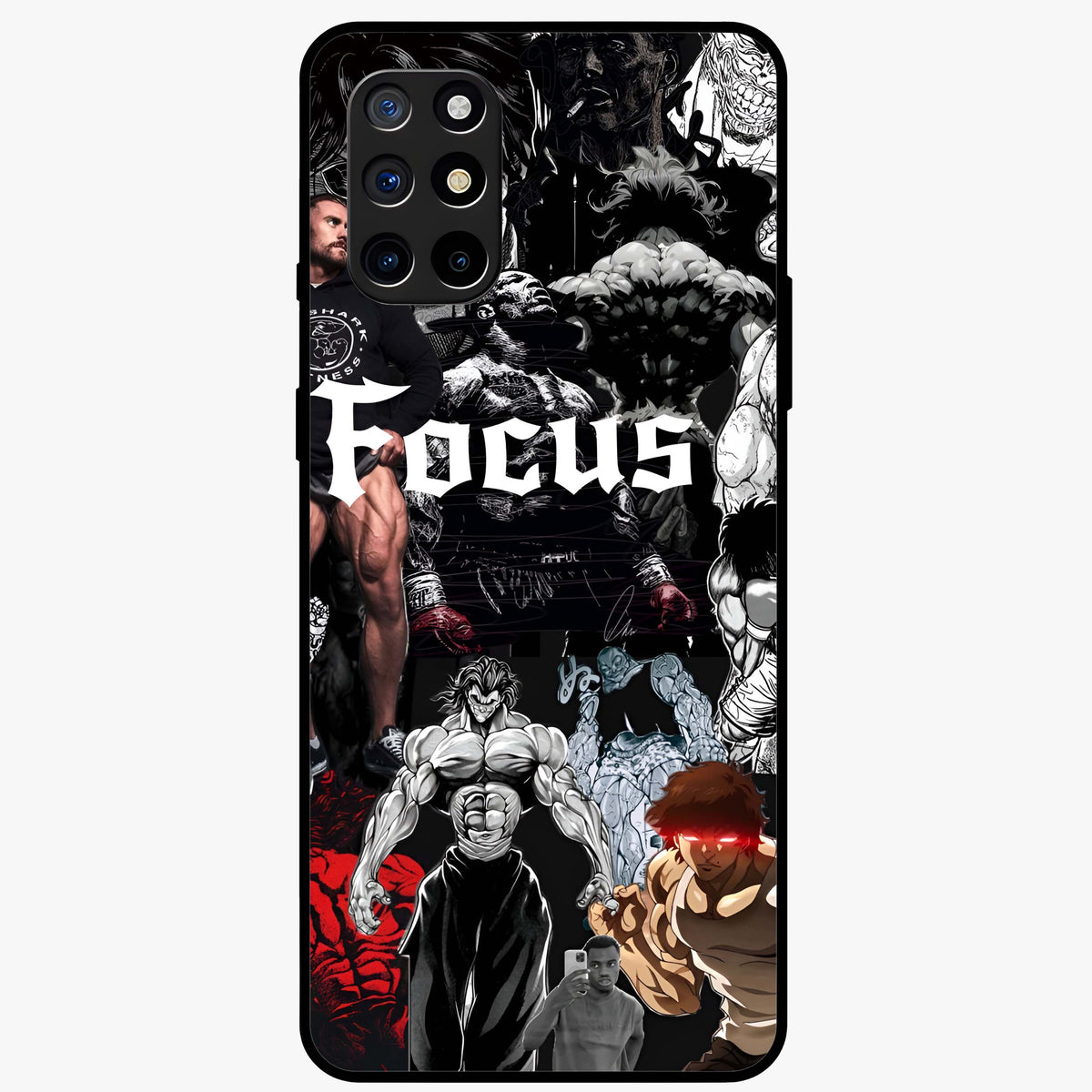 Relentless Power Focus Glass Case showing flat back view with motivational typography artwork and glossy glass finish.