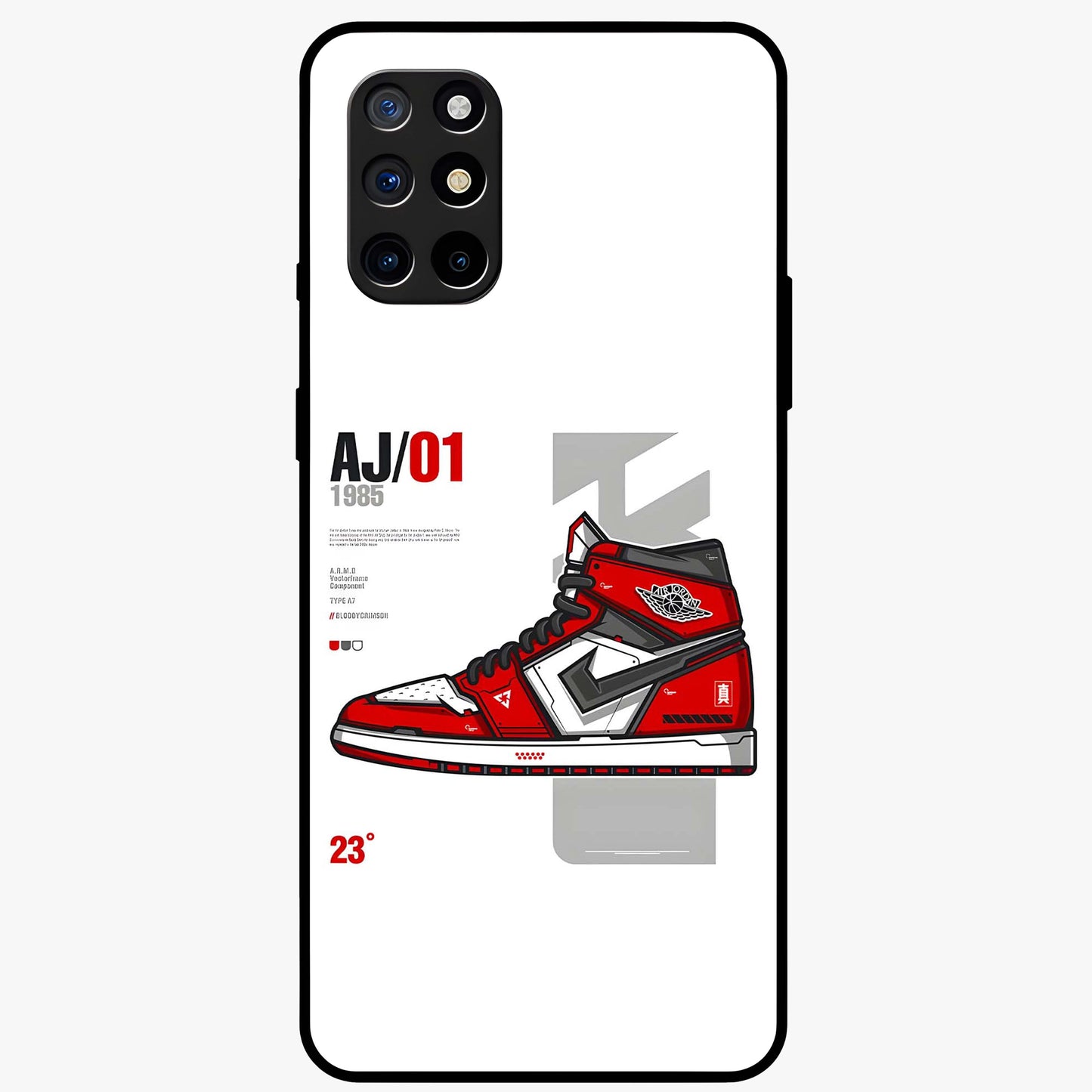 Retro Sneaker Blueprint Glass Case showing flat back view with sneaker blueprint style artwork and glossy glass finish.