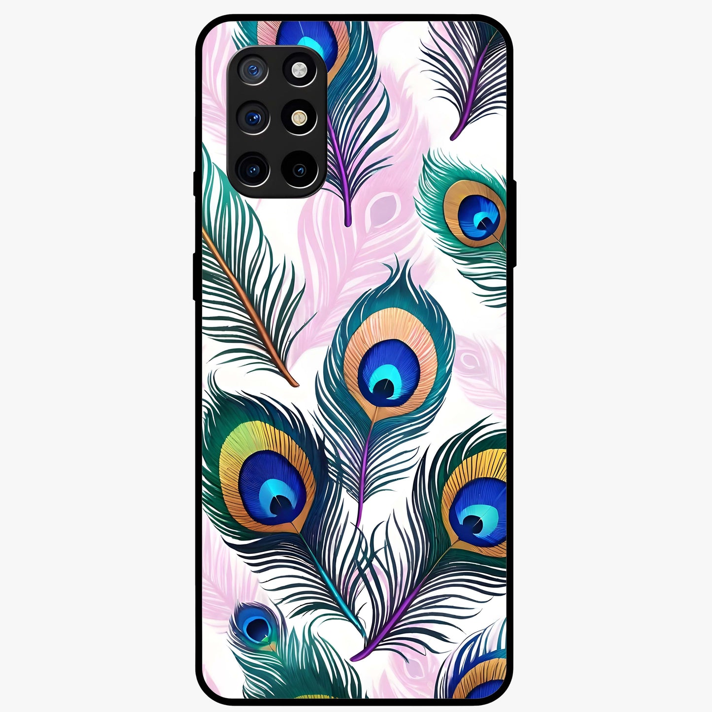 Royal Peacock Feathers Glass Case showing flat back view with colorful peacock feather artwork and glossy glass finish.