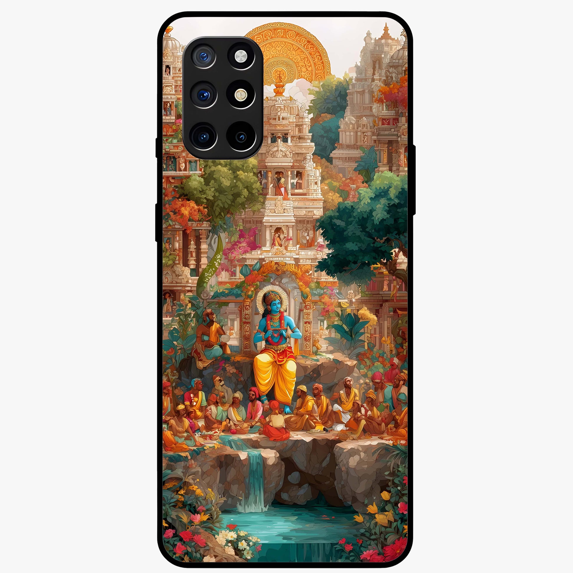 Sacred Sunlight Gods Glass Case showing flat back view with divine sunlight themed artwork and glossy glass finish.