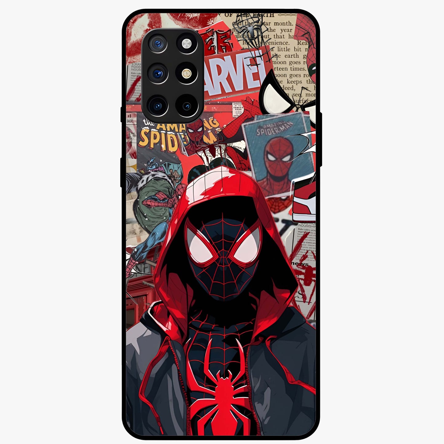 Spider Collage Street Glass Case showing flat back view with vibrant superhero collage artwork and glossy glass finish.
