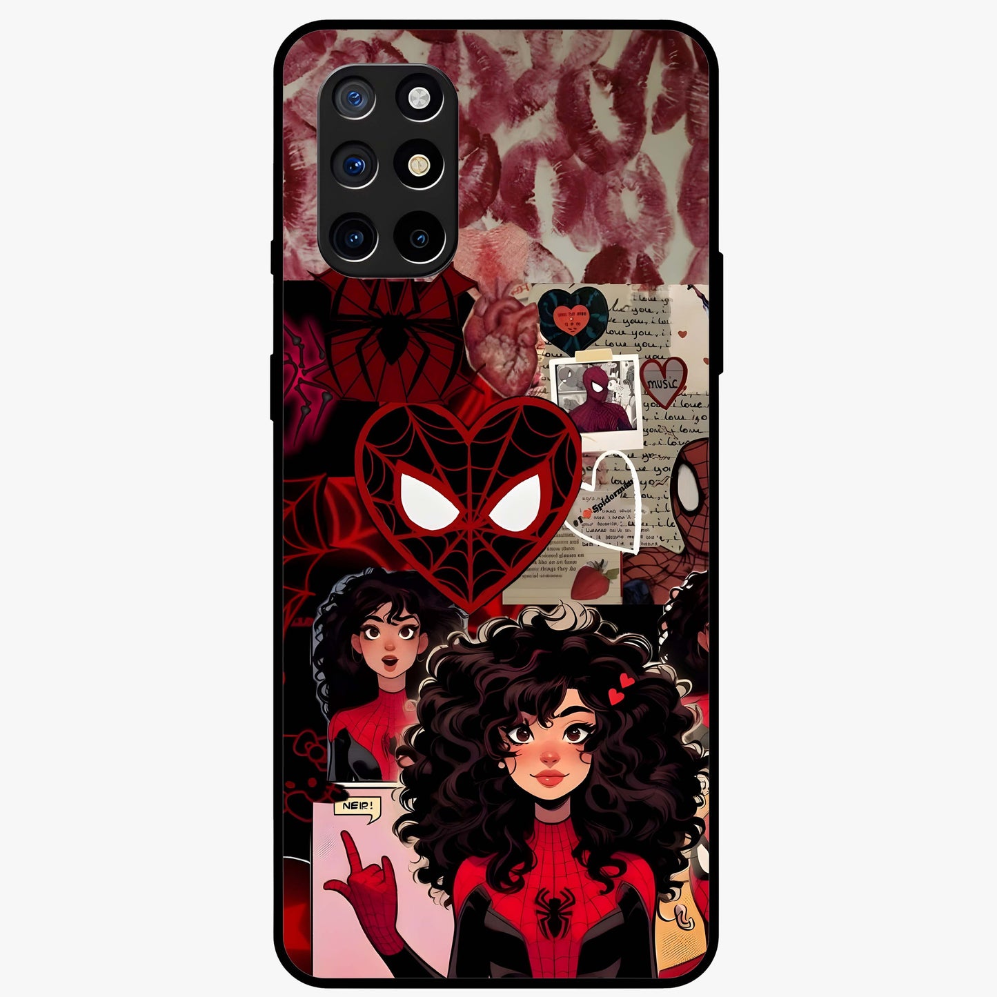 Spider Love Story Glass Case showing flat back view with romantic superhero themed artwork and glossy glass finish.