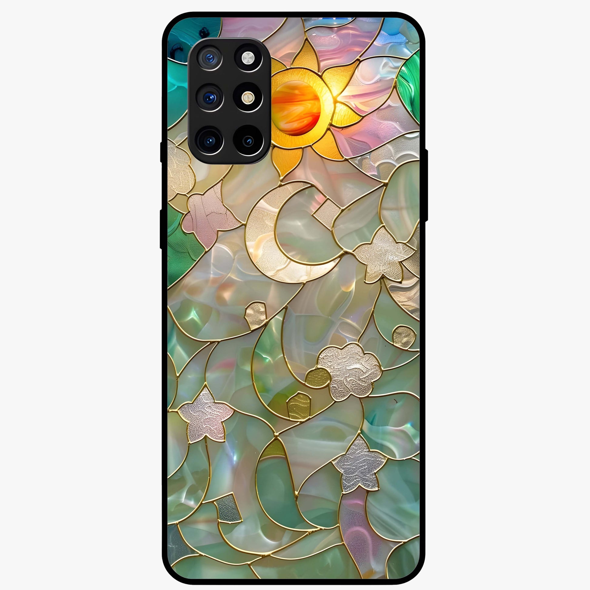 Stained Sunrise Glow Glass Case showing flat back view with glowing sunrise stained pattern artwork and glossy glass finish.