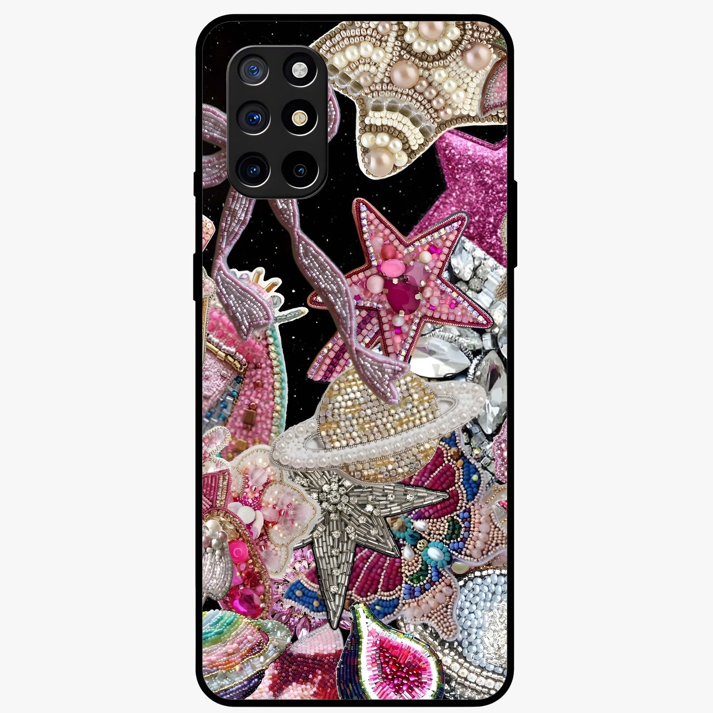 Starlit Jewel Dream Glass Case showing flat back view with sparkling jewel and star themed artwork and glossy glass finish.