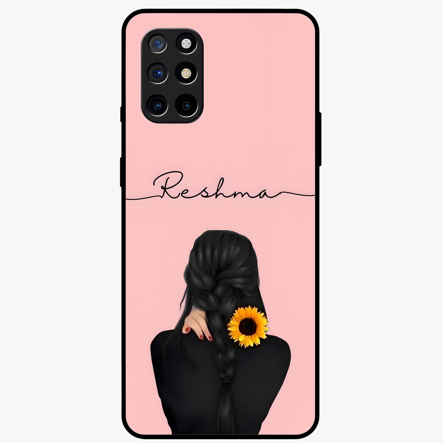 Sunflower Braid Beauty With Custom Name Glass Case showing flat back view with sunflower braid artwork and personalized name design.