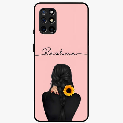 Sunflower Braid Beauty With Custom Name Glass Case showing flat back view with sunflower braid artwork and personalized name design.