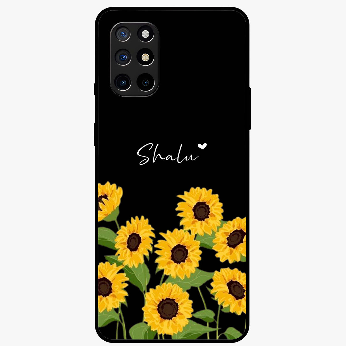 Sunflower Chic Mood Custom Name Glass Case showing flat back view with stylish sunflower artwork and personalized name design.