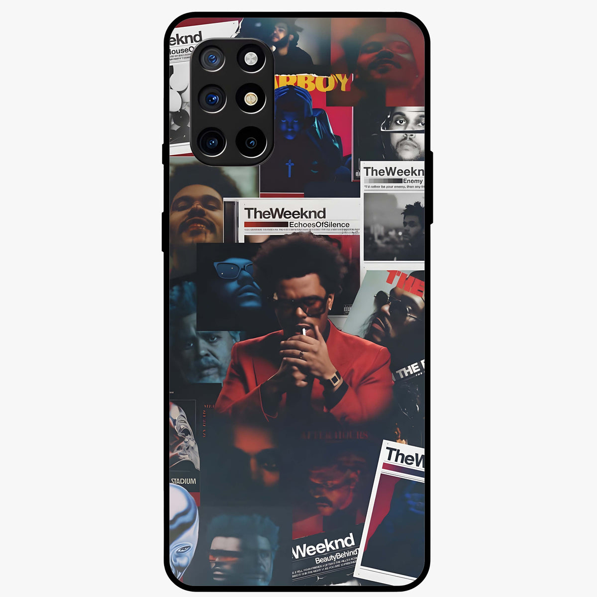 The Weeknd Glass Case showing flat back view with music inspired artistic portrait artwork and glossy glass finish.