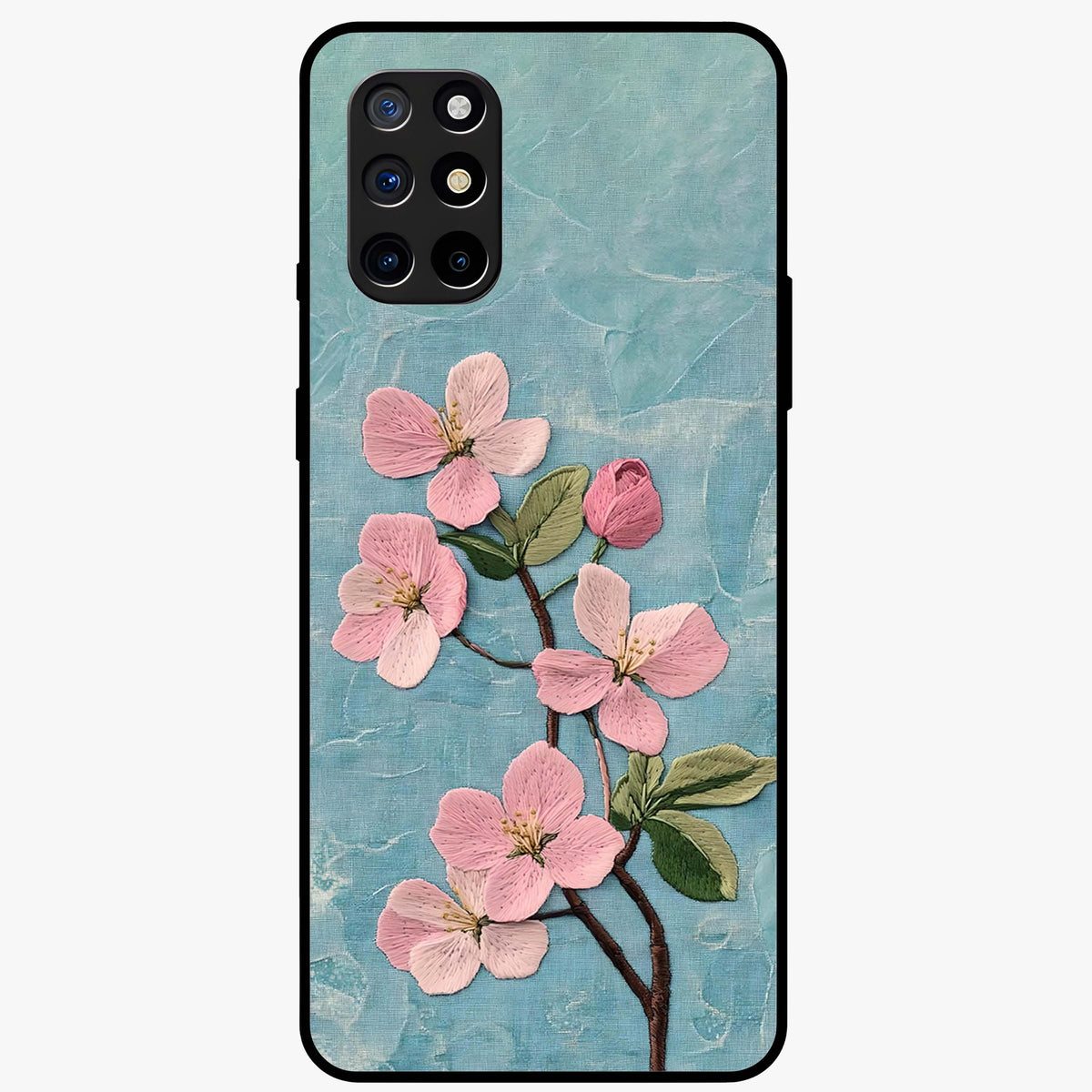 Threaded Blossom Breeze Glass Case showing flat back view with delicate blossom artwork and glossy glass finish.