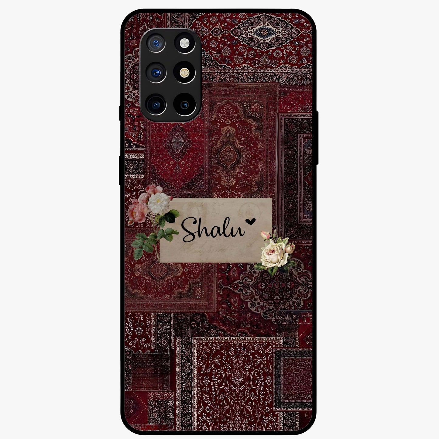 Velvet Wine Pattern Custom Name Glass Case showing flat back view with elegant wine colored pattern artwork and personalized name design.