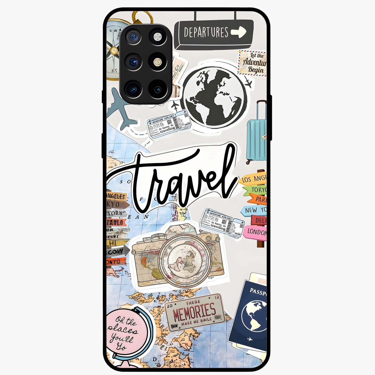 Wanderlust Journal Glass Case showing flat back view with travel inspired artwork and glossy glass finish.