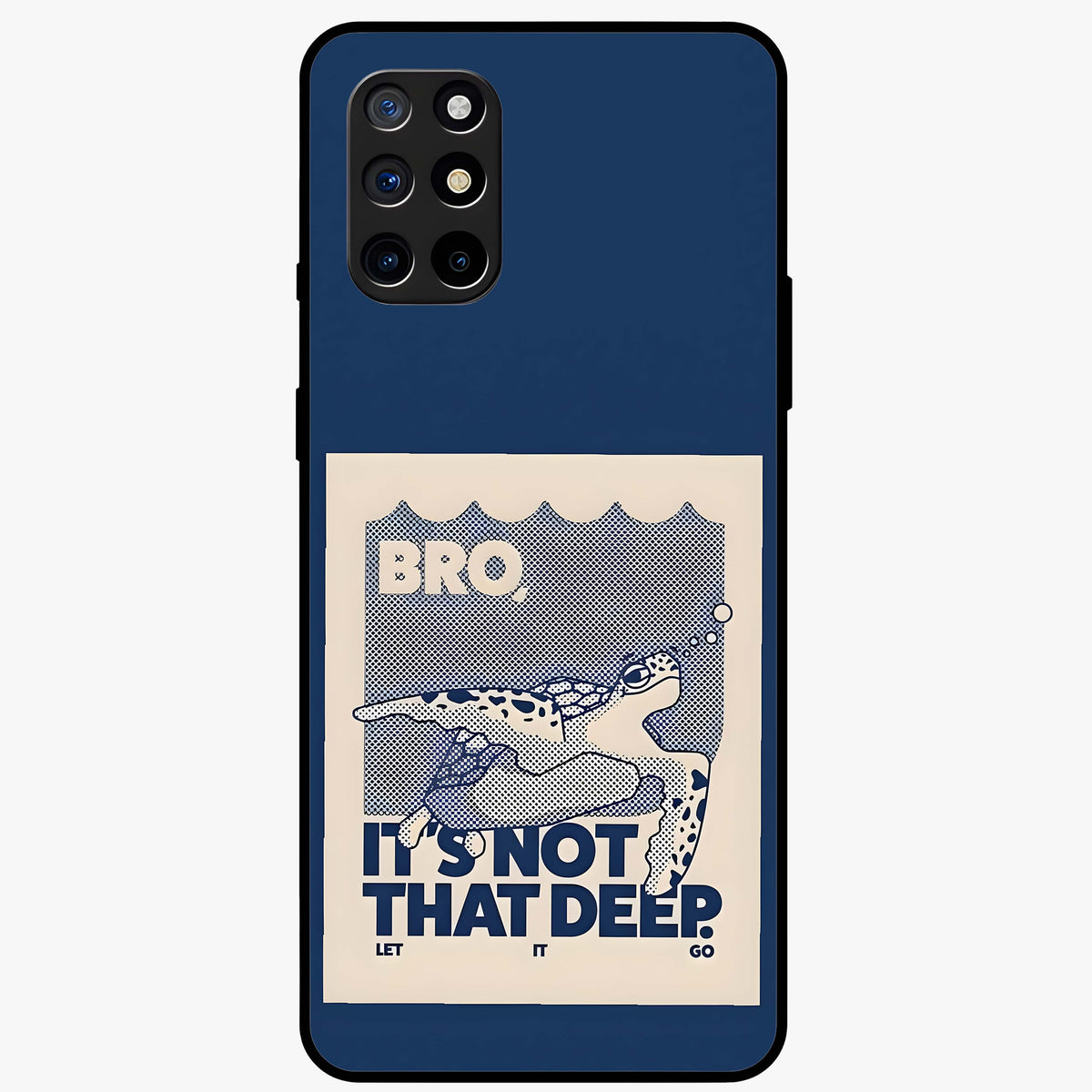 Worry Less Swim Glass Case showing flat back view with playful motivational artwork and glossy glass finish.