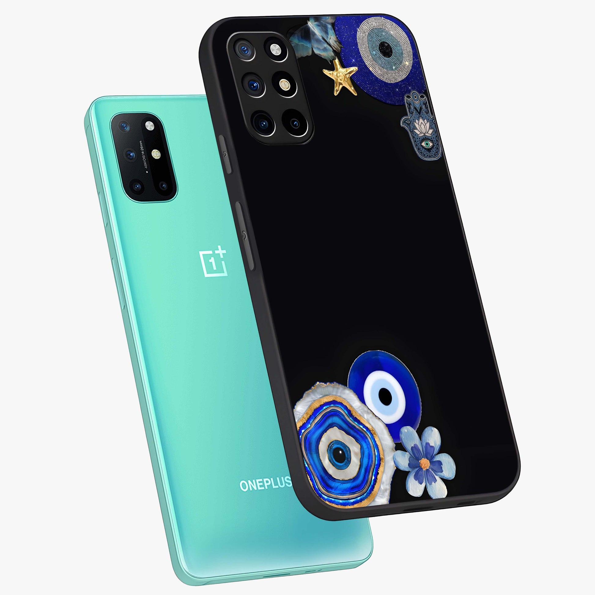 Aesthetic Blue Evil Eye Glass Case displayed in angled mockup highlighting blue evil eye symbol and spiritual aesthetic design.