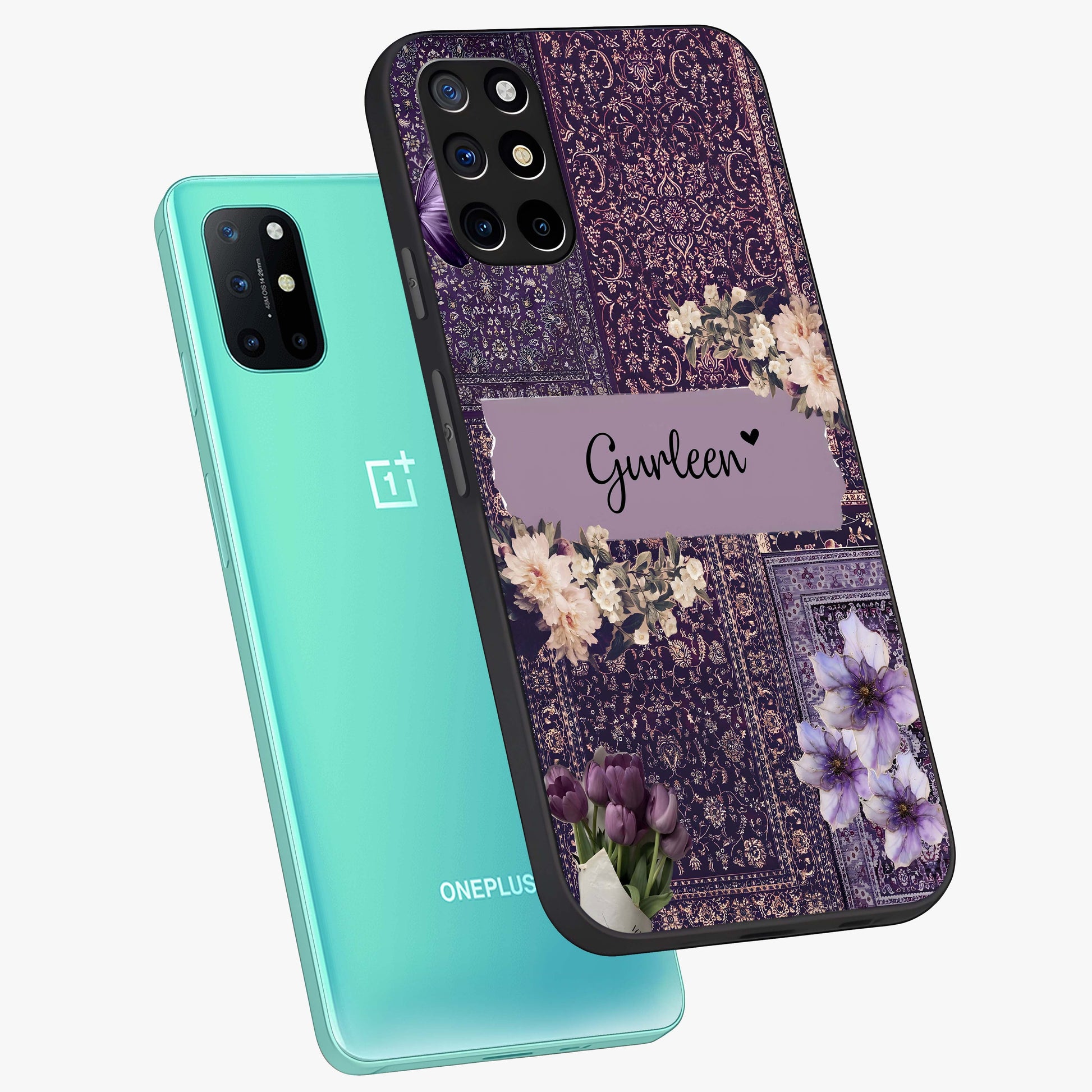 Antique Floral Whisper Custom Name Glass Case displayed in angled mockup highlighting elegant antique floral aesthetic.