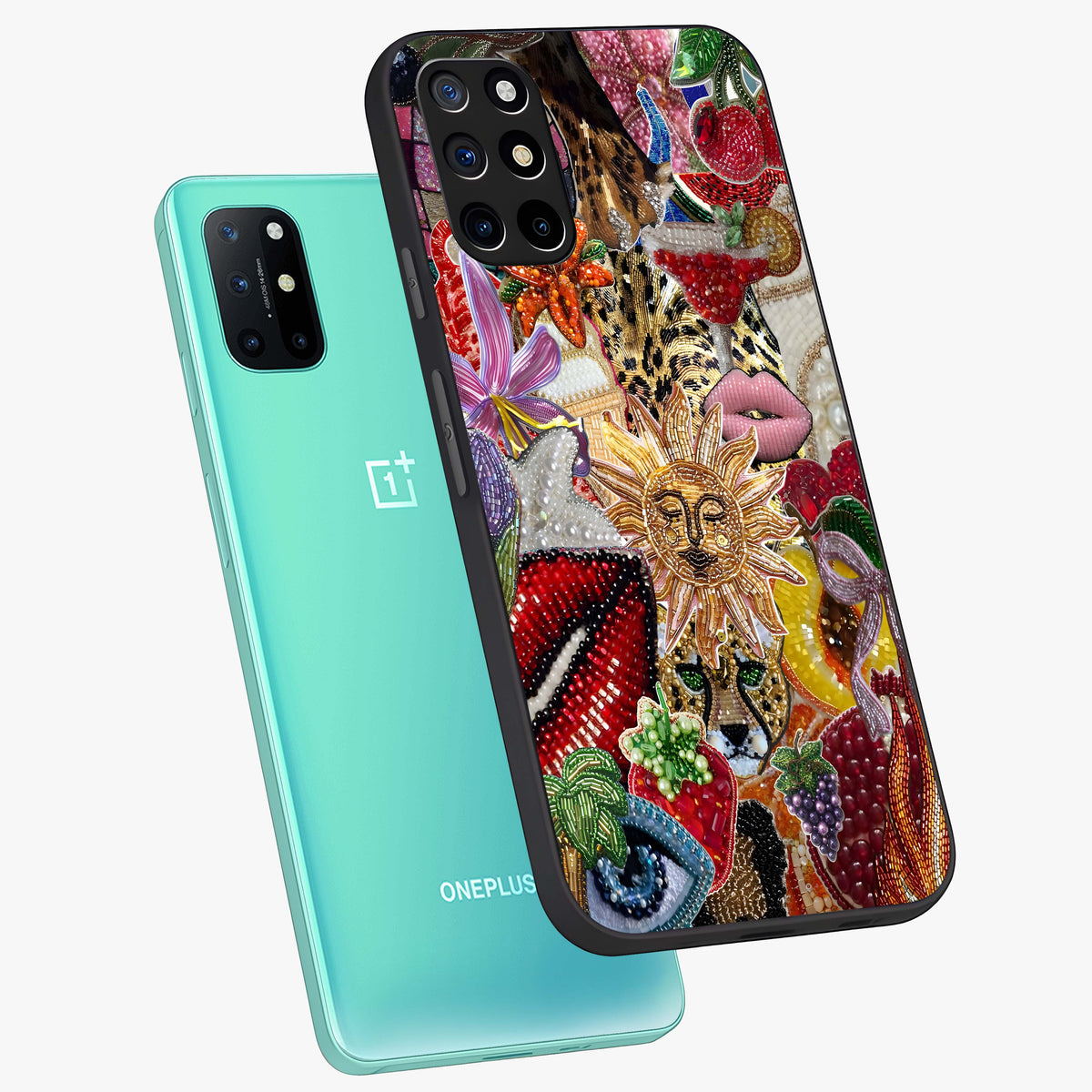 Beaded Fashion Jungle Glass Case displayed in angled mockup highlighting colorful fashion bead design and artistic pattern.