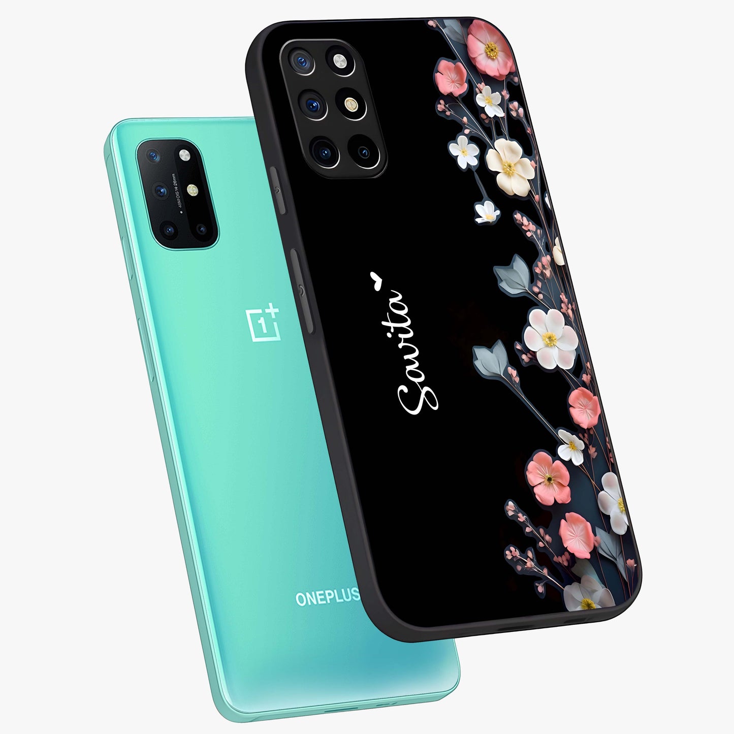 Black Elegance Floral Custom Name Glass Case displayed in angled mockup highlighting dark floral aesthetic and custom name feature.