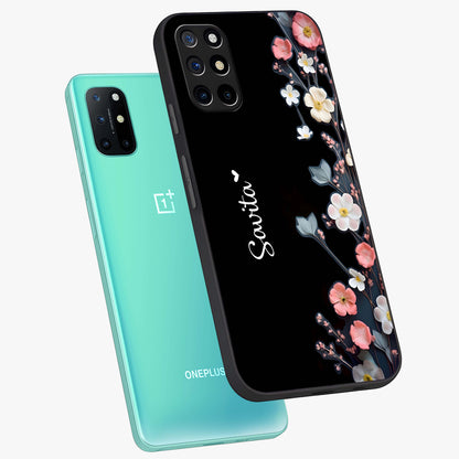 Black Elegance Floral Custom Name Glass Case displayed in angled mockup highlighting dark floral aesthetic and custom name feature.