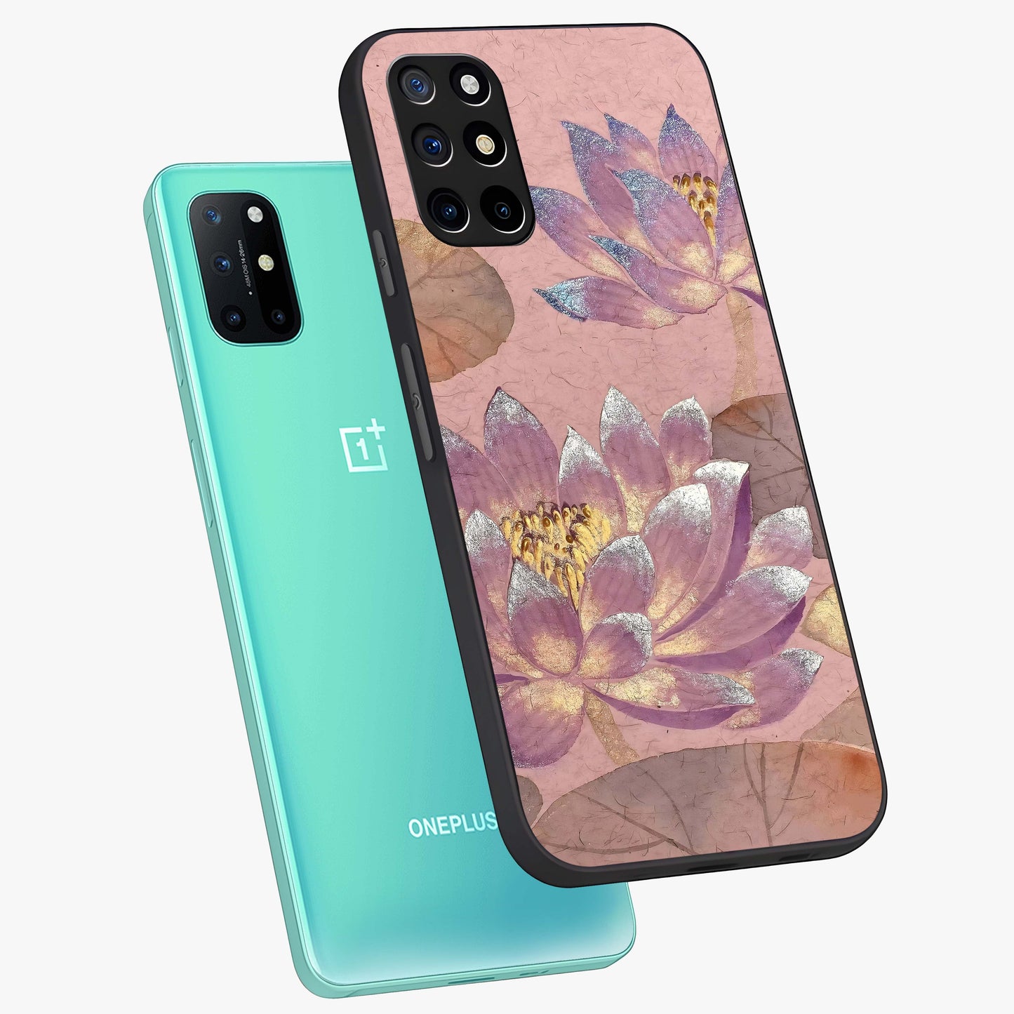 Blossom Mist Lotus Glass Case displayed in angled mockup highlighting delicate lotus illustration with calm aesthetic theme.