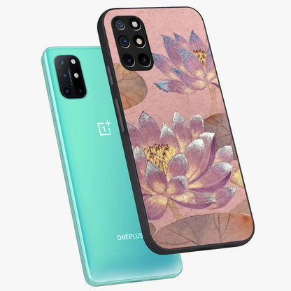 Blossom Mist Lotus Glass Case displayed in angled mockup highlighting delicate lotus illustration with calm aesthetic theme.