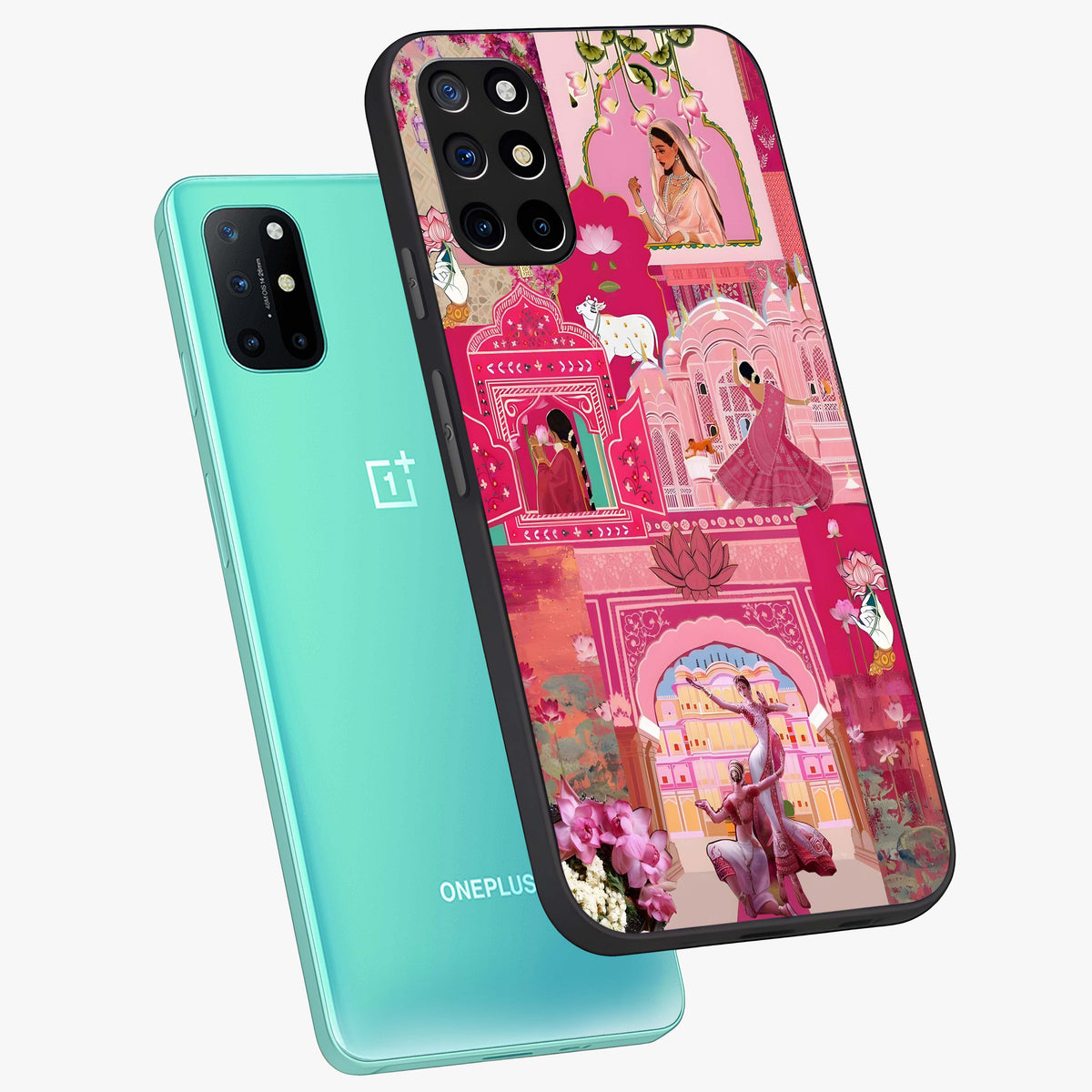 Blossoms of Rajasthan Glass Case displayed in angled mockup highlighting vibrant floral pattern with cultural aesthetic style.