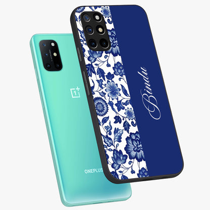 Blue Vintage Floral Pattern Glass Case displayed in angled mockup highlighting subtle bloom pattern with aesthetic pastel design.